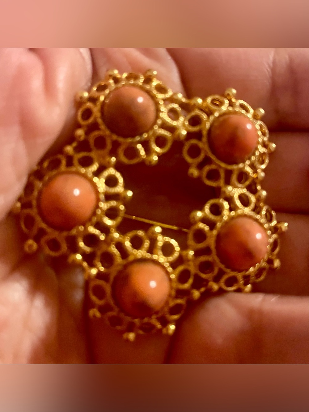 Sarah Coventry Gold-Tone Filigree Brooch with Coral-Orange Cabochons